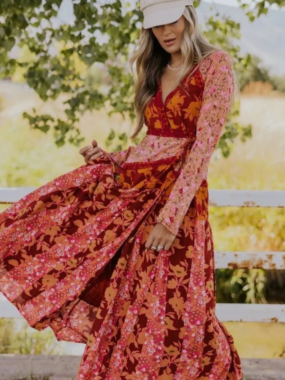 Free People Tilda Wrap Floral Boho Maxi Dress in Red & Pink